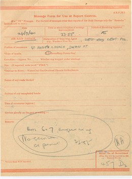 Photo:Report Centre message form concerning the church of St Anne, Soho, (bomb incident number 457), 24 Sep 1940