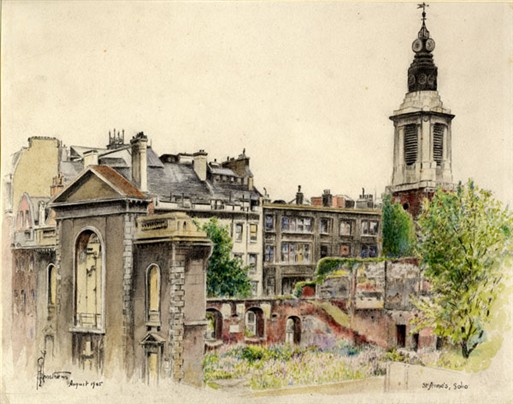Photo:View of the Church of St Anne, Soho, watercolour by R G Mathews, Aug 1945